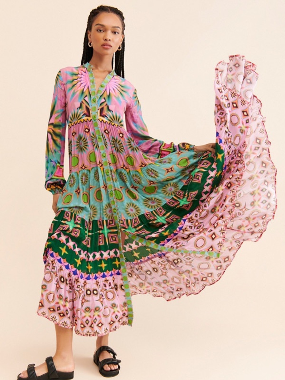 Anthro Siddhartha Bansal Mixed Print Maxi Dress XS Boho Button